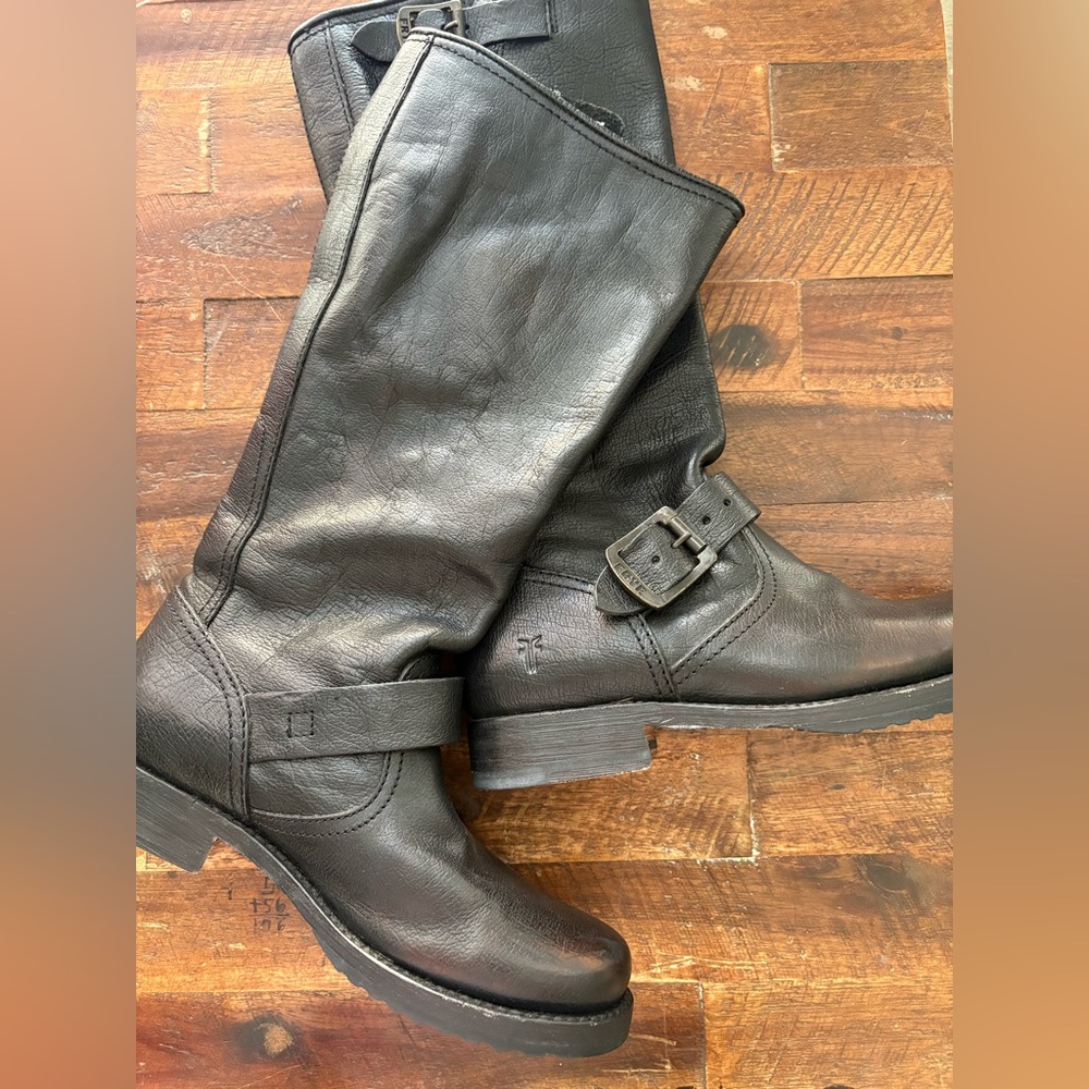 Frye Black Combat Moto Boots with Classic Buckle Design